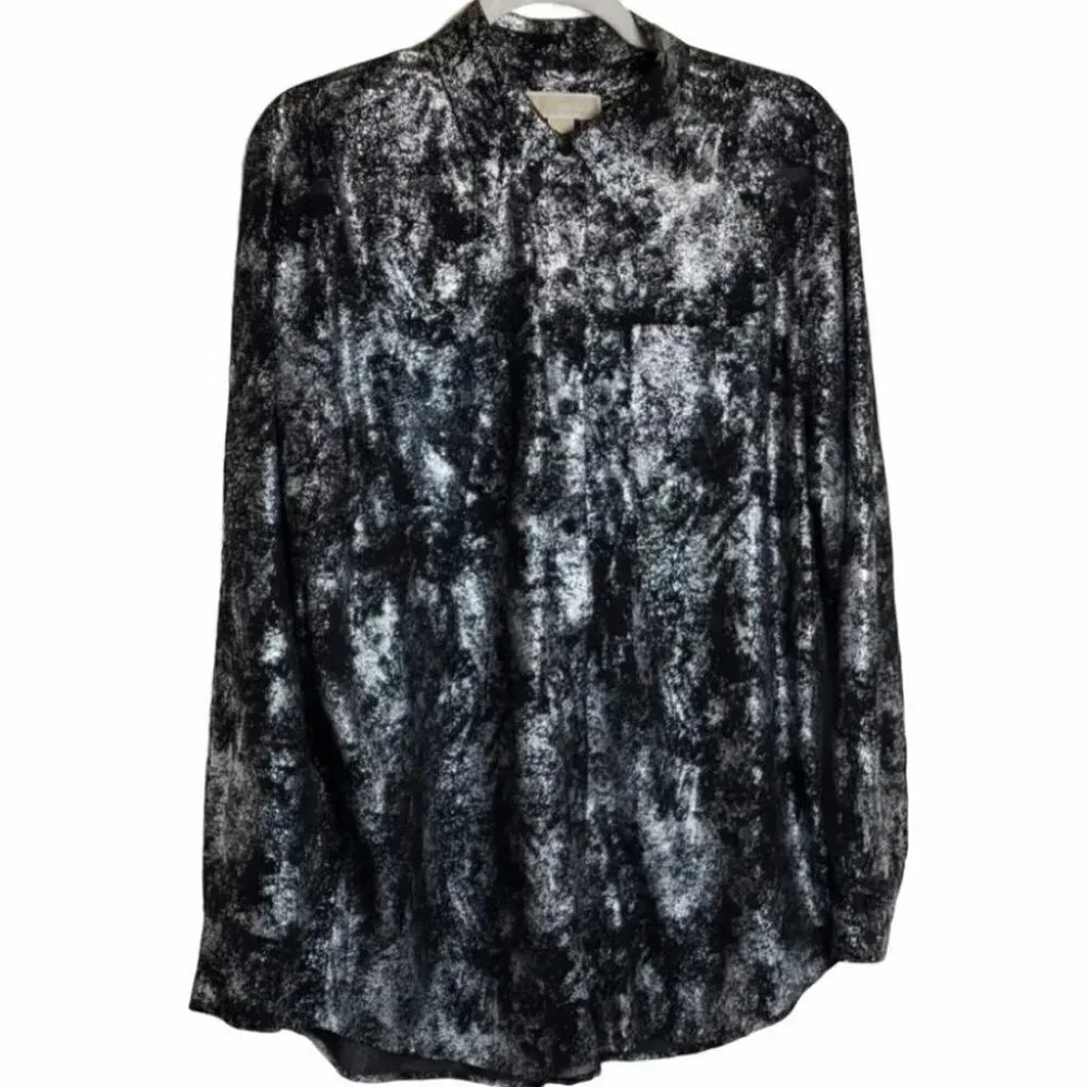 Michael Kors Button Down Shirt Large Silver Black Metallic Foil Distressed Glam